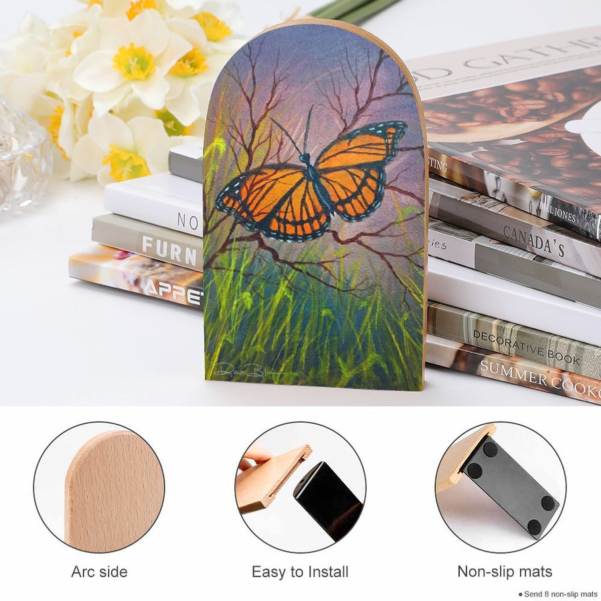 Butterfly Stop Wood Bookends (Set of 2)